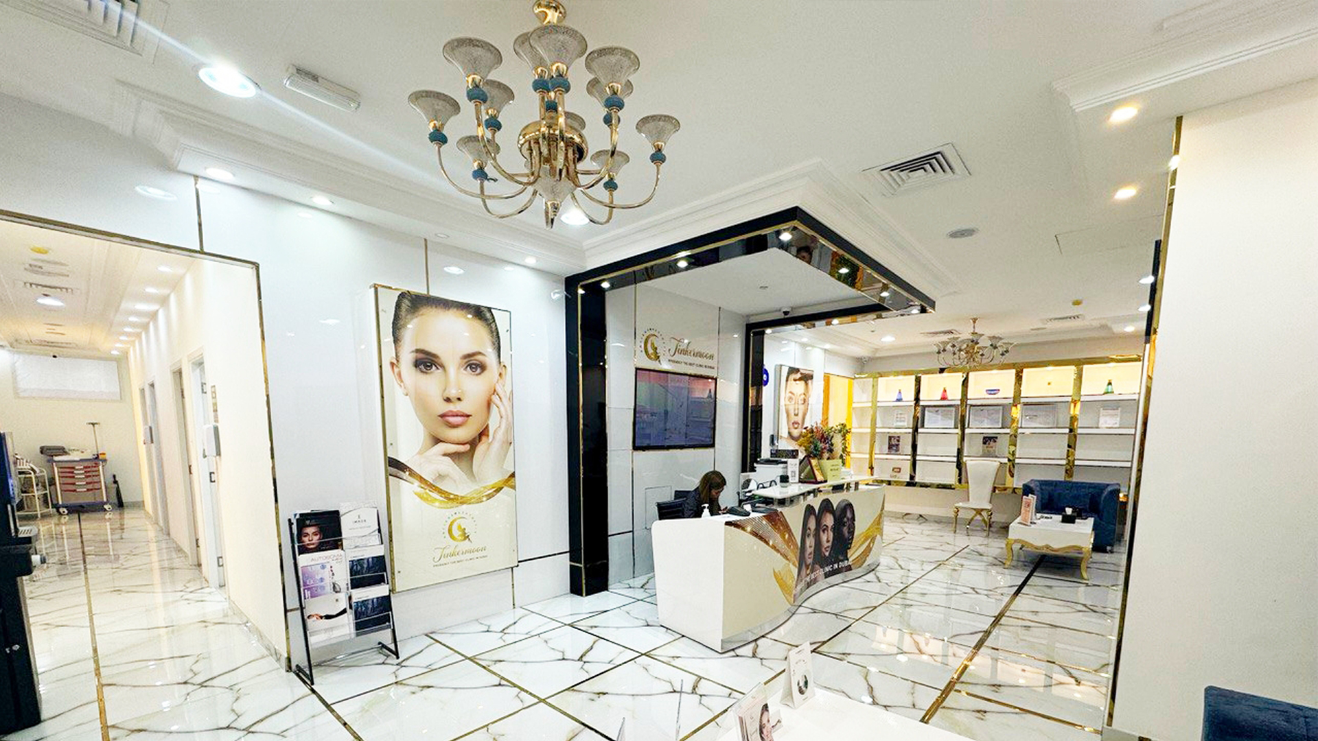 Luxury aesthetic clinic reception with marble flooring and elegant decor